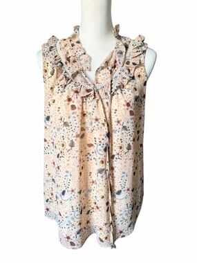 Azel Hazel Haze Cream Floral  Ruffle V-Neck Sleeveless top Large